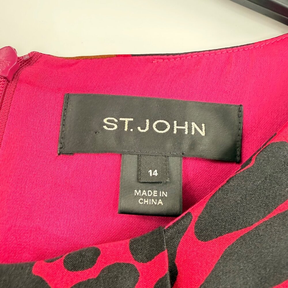 St. John Pink & Black Leopard Print Silk Blend Midi Dress Size 14 - Picture 4 of 6